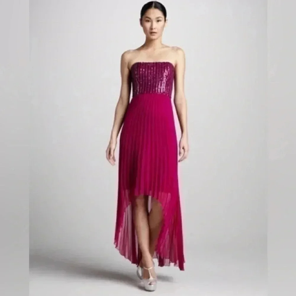 Phoebe Couture Silk Fuchsia Pleated High Low Formal Sequin Gown Dress Size 2